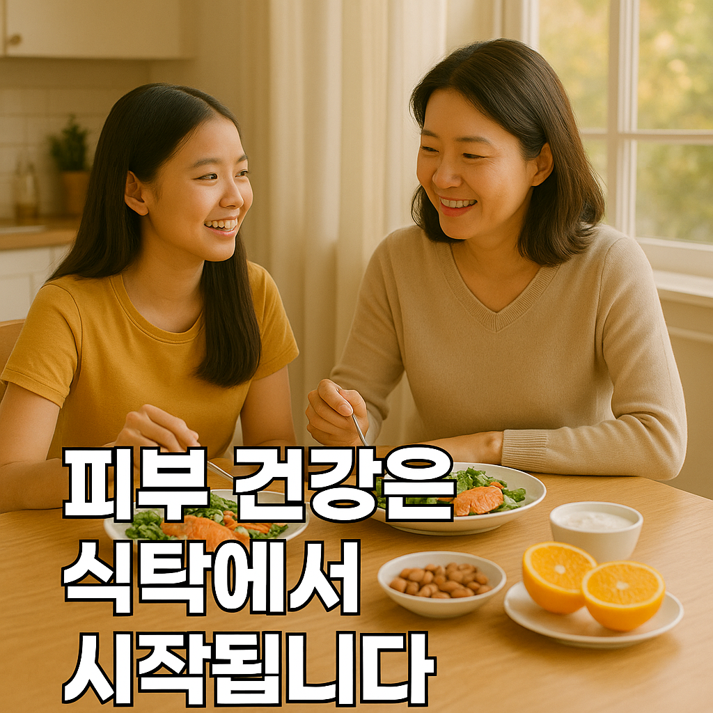 건강식 식탁에서 대화하는 모녀