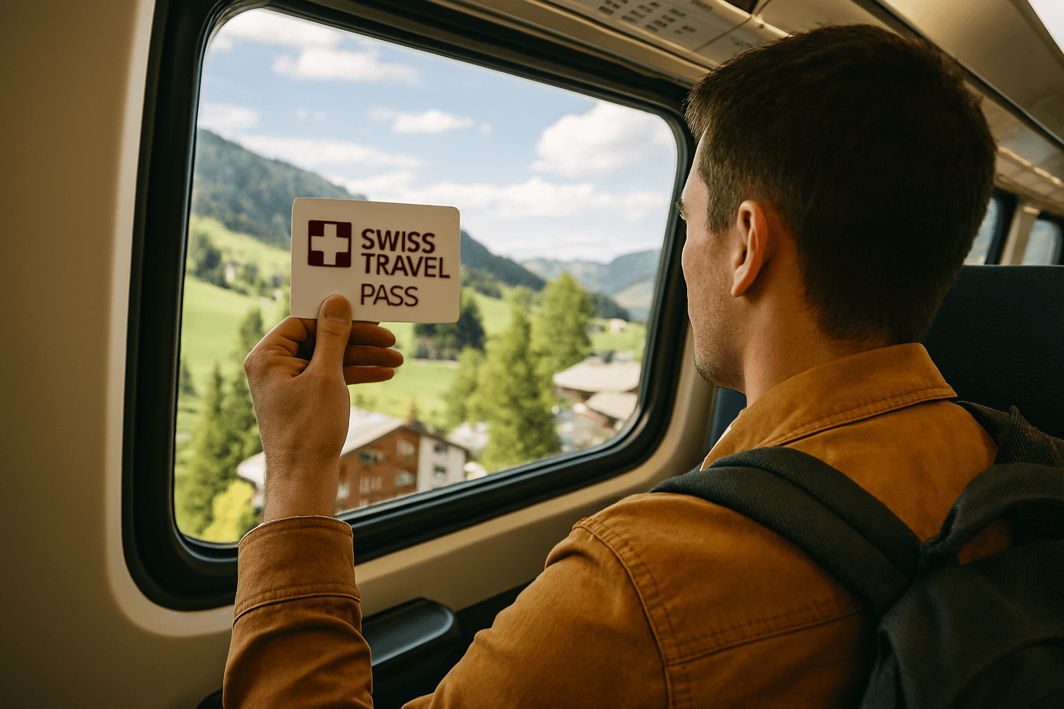 스위스 트래블 패스를 들고 기차 창밖의 아름다운 알프스 풍경을 감상하는 행복한 여행객. 기차와 스위스의 설경이 조화를 이룬다.