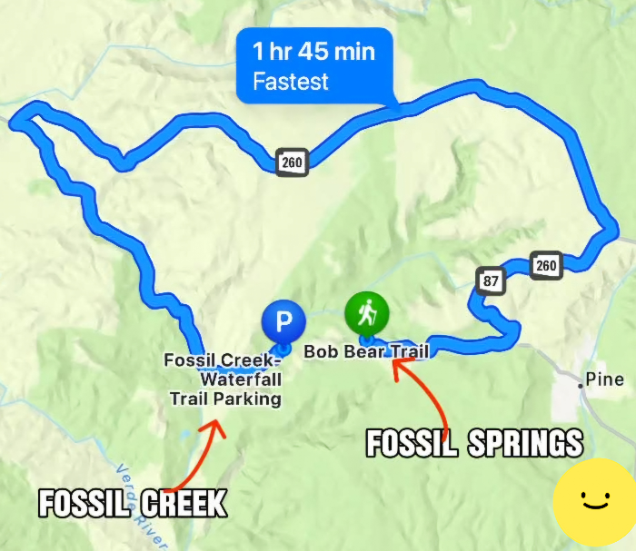 Fossil Springs 하이킹 지도 - Bob Bear Trail 경로