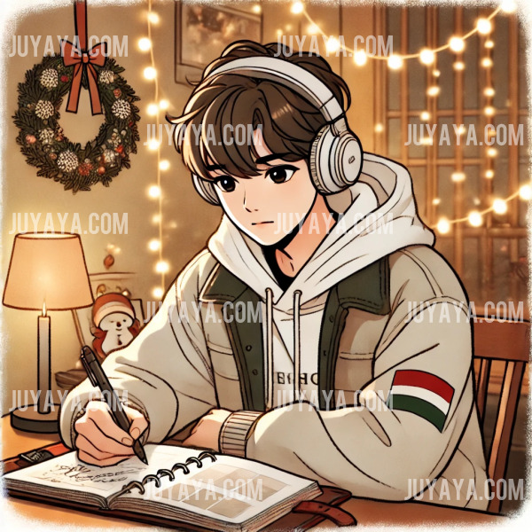 웹툰 스타일로 그려진 장면으로, 크리스마스 장식이 있는 방에서 플래너에 글을 쓰고 있는 청소년의 모습. 헤드폰을 착용한 채 차분하고 집중된 표정을 짓고 있으며, 배경에는 따뜻한 조명과 장식이 어우러져 있습니다.