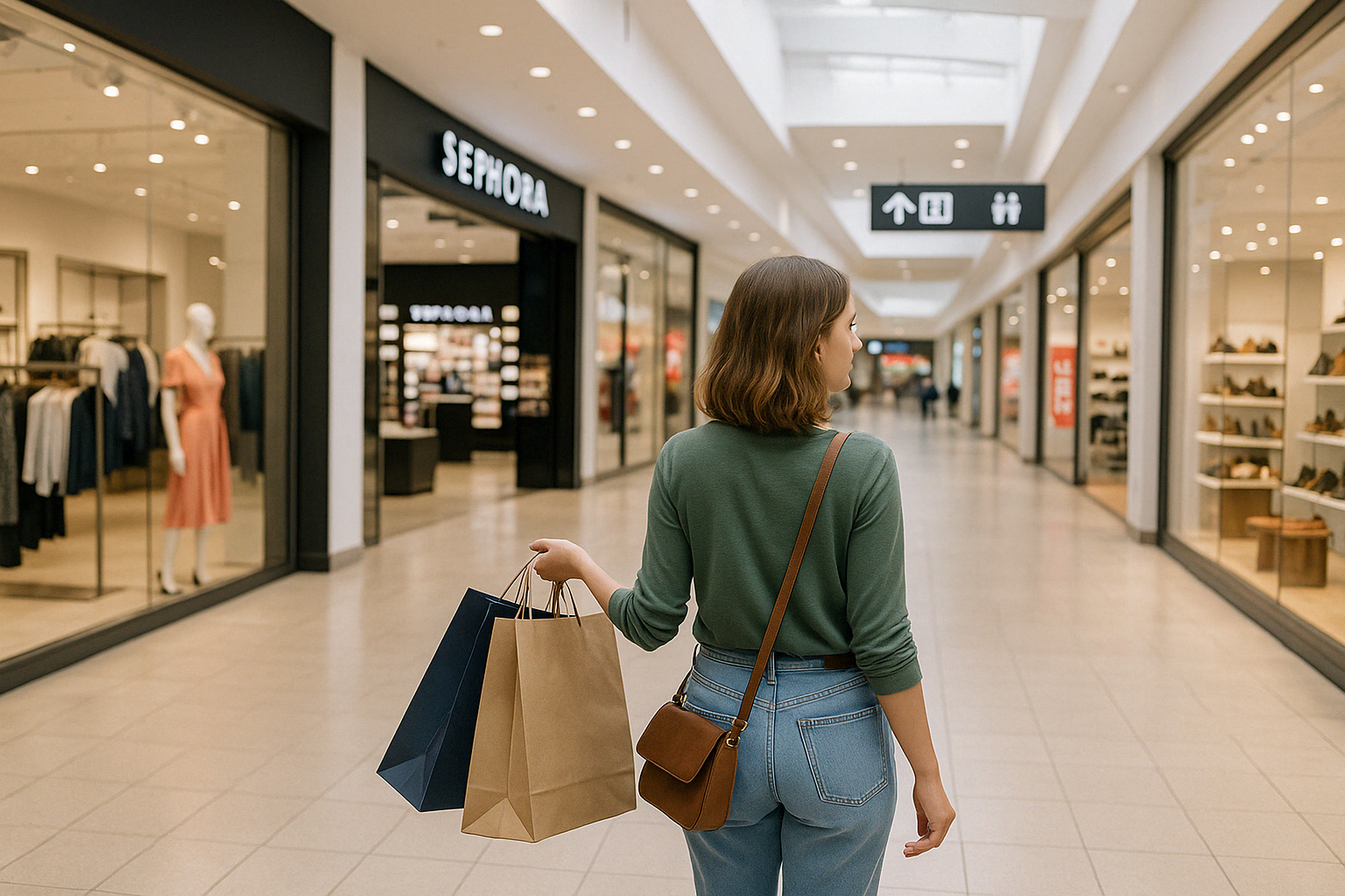 다양한 매장을 둘러보며 길을 찾는 고객의 모습으로&amp;#44; 피팅룸이나 계산대를 찾는 상황과 연결됩니다.