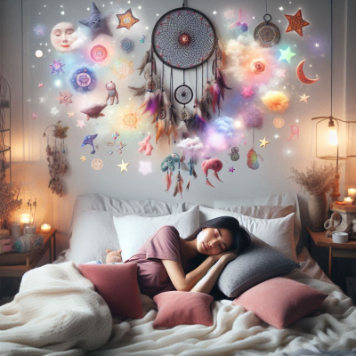 꿈을 꾸고 있는 사람이 꿈속에서 다양한 이미지와 상징을 보는 장면입니다. 침대 위에 편안하게 누워 있으며, 꿈의 이미지는 벽에 장식되어 있습니다.