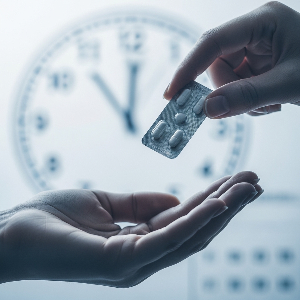 여성의 손에 놓인 사후피임약 한 알. 긴급 피임의 중요성과 신중함을 상징합니다.