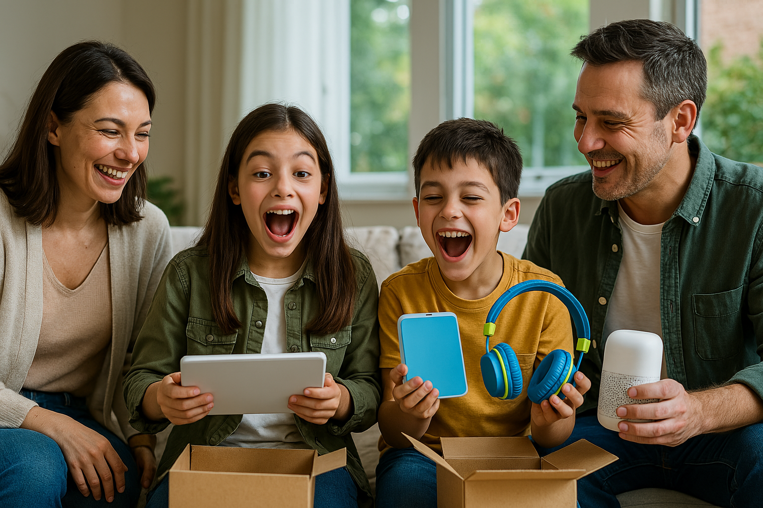 어린이날에 부모님이 전자기기 선물을 주고 아이들이 정말 기뻐하는 모습