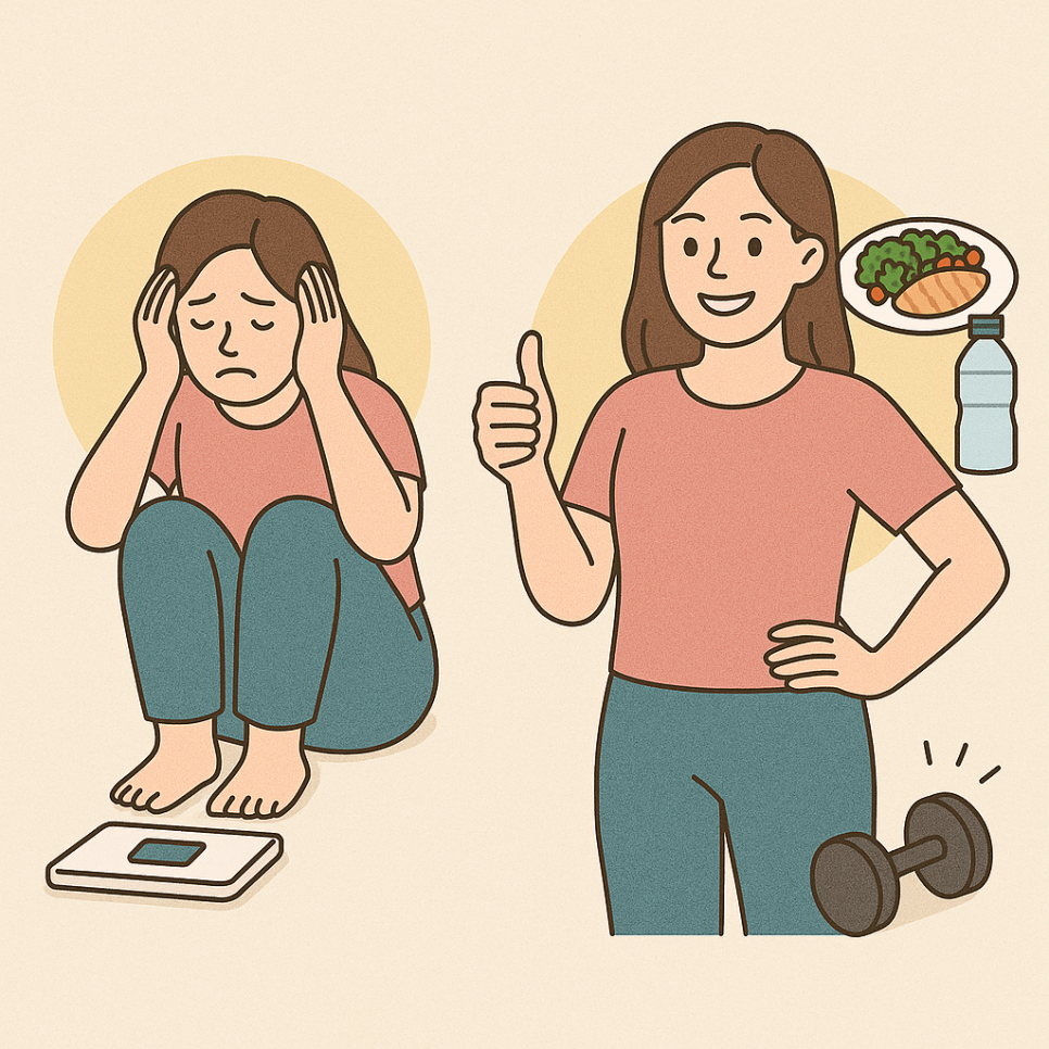 여성이 다이어트로 고민하다 해결하는 이미지.