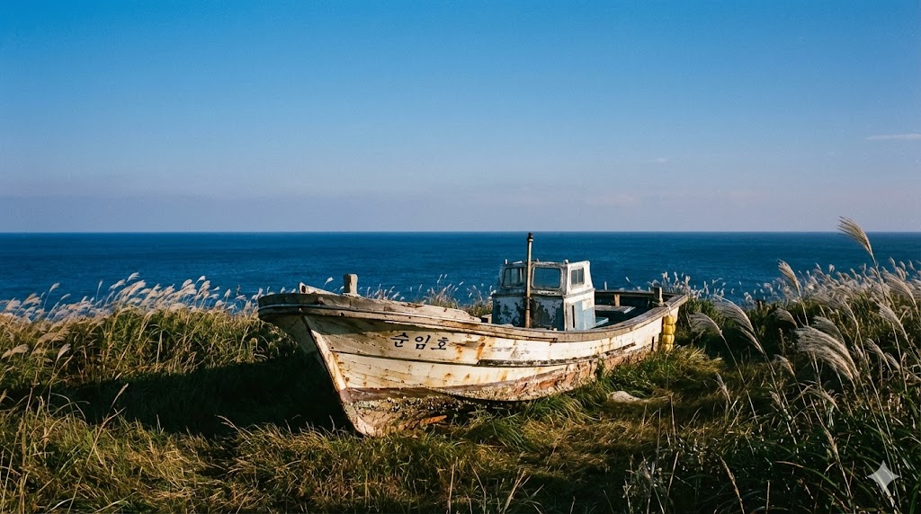 푸른 하늘과 바다가 맞닿은 언덕 위에 홀로 놓인 낡은 목선 '순임호'. 쓸쓸하면서도 평화로운 분위기.
