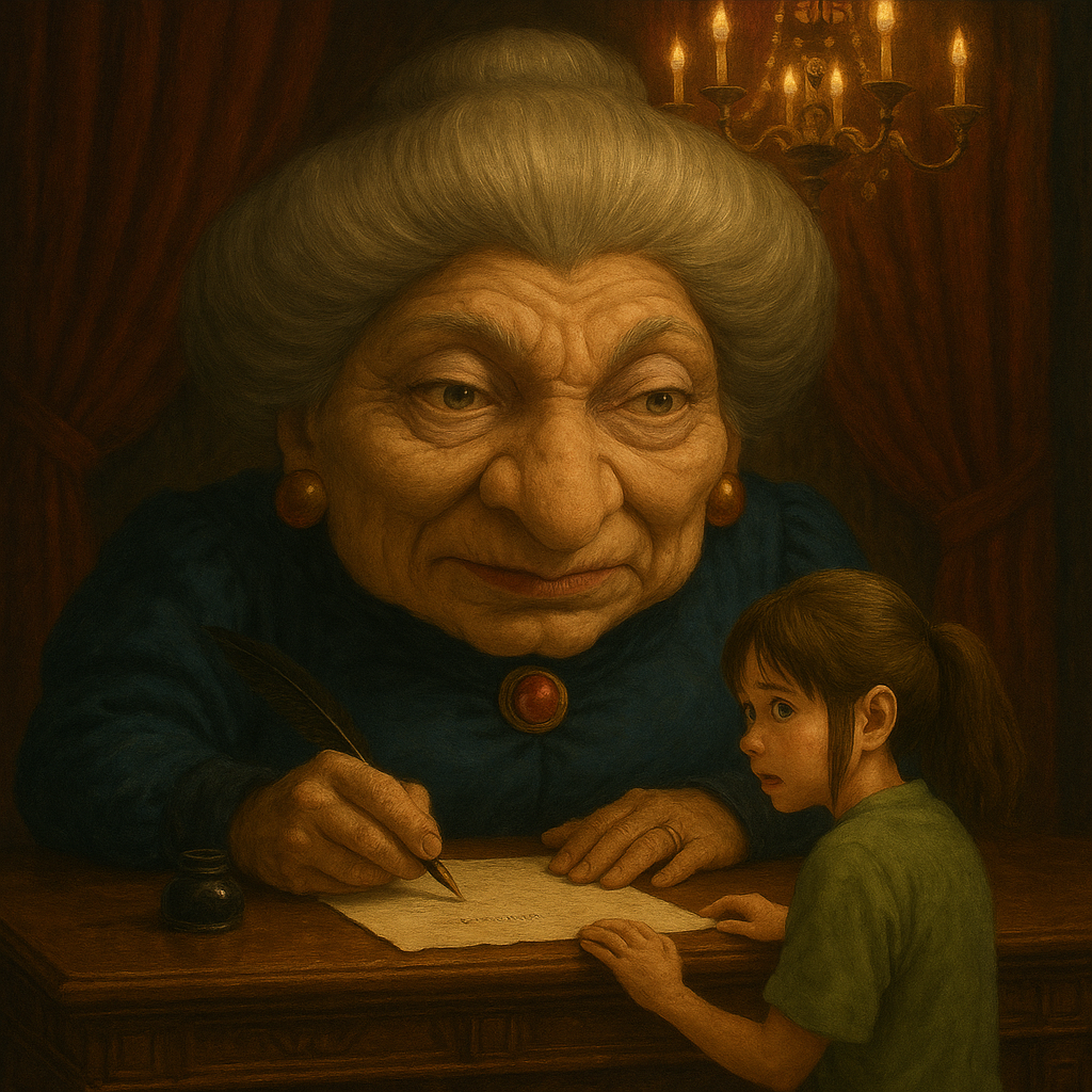 어두운 방 안, 거대한 얼굴을 가진 마녀 유바바가 책상 뒤에 앉아 있고, 작은 소녀 치히로가 겁먹은 표정으로 이름을 적는 계약서에 사인하려 한다