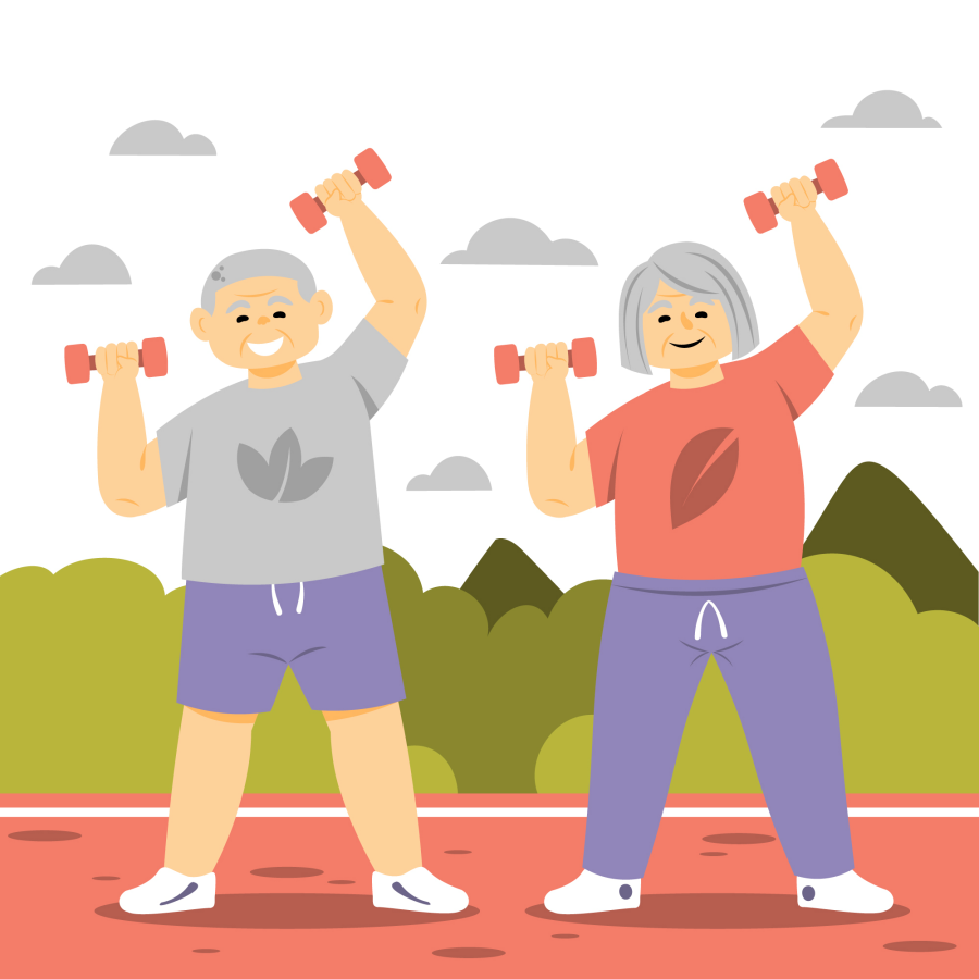 덤벨을 들고 운동하는 중년 남녀, 근력 운동과 근육 유지의 중요성을 표현한 이미지
