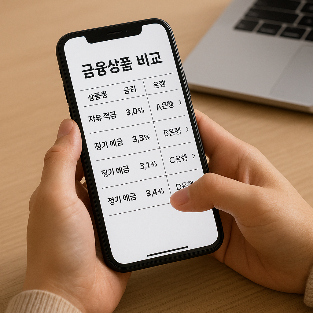 금융상품 비교 화면을 스마트폰으로 살펴보는 사람