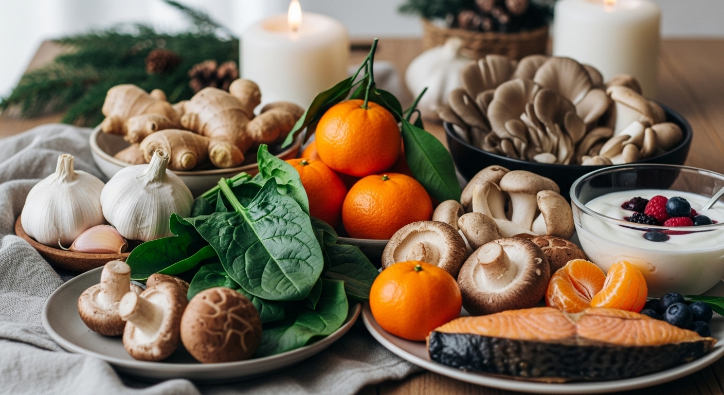 따뜻하고 아늑한 분위기에서 신선한 생강, 마늘, 시금치, 귤, 버섯, 연어, 요거트 등 겨울철 면역력을 강화하는 음식들이 아름답게 배열된 모습