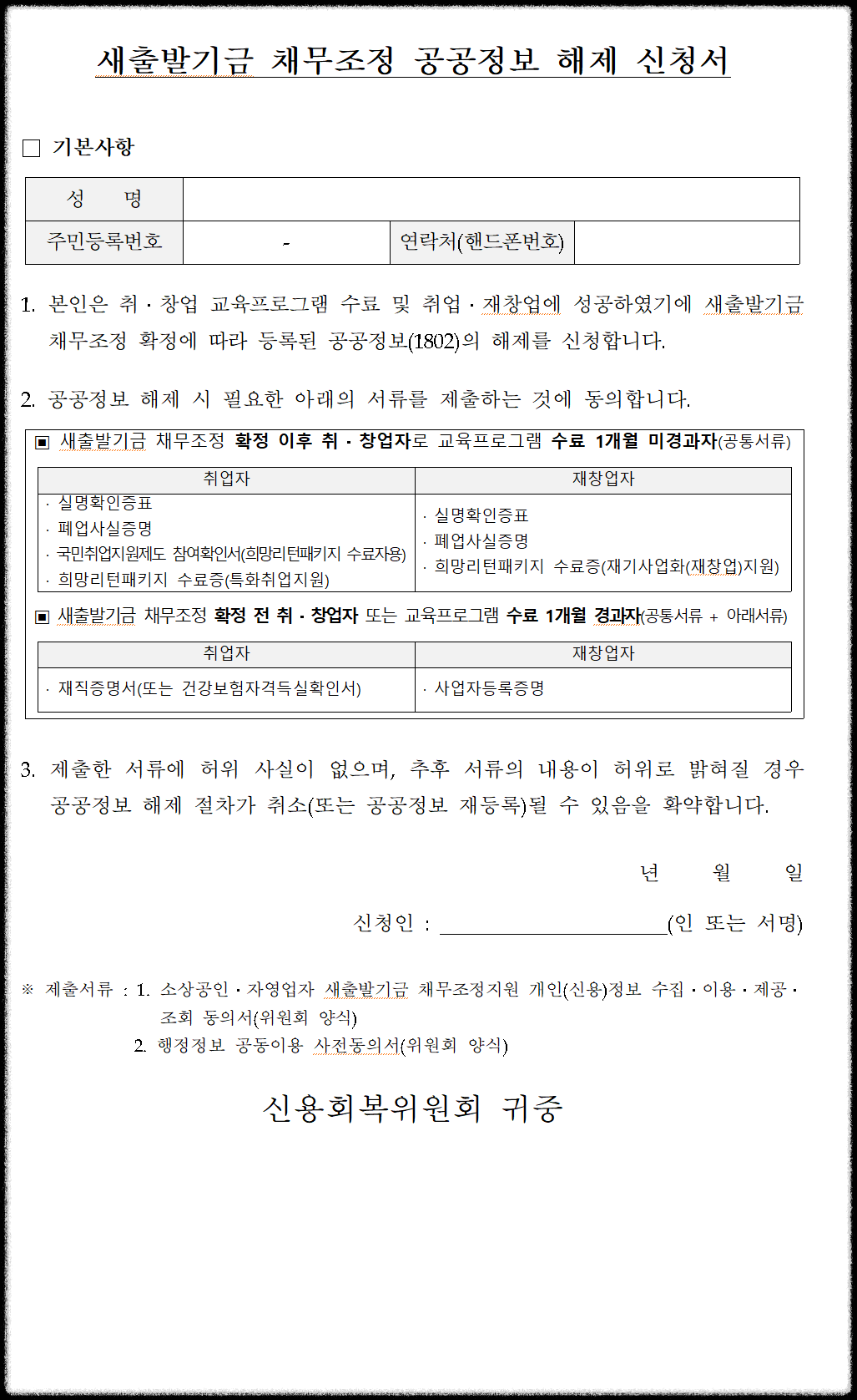 새출발기금 채무조정 신청서