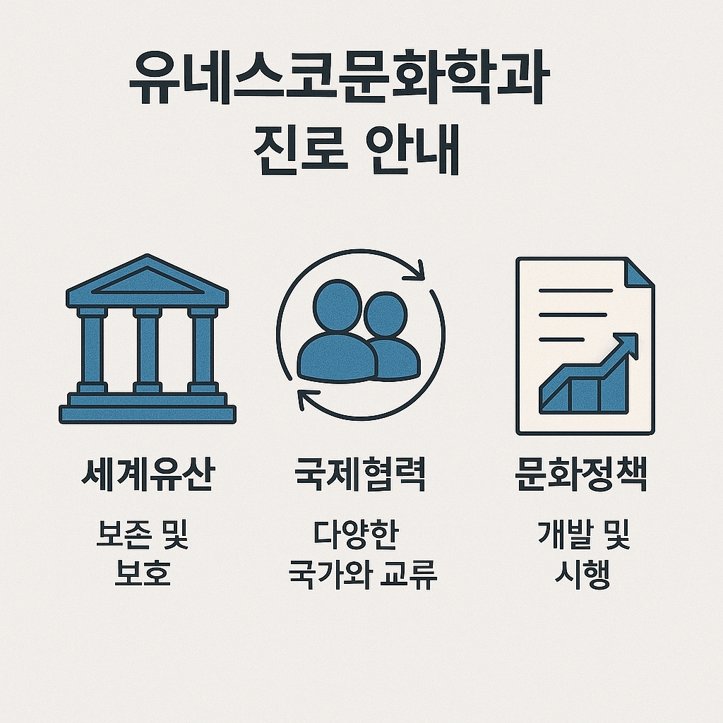 유네스코문화학과 진로 안내 인포그래픽: 세계유산, 국제협력, 문화정책 세 분야를 상징하는 아이콘과 설명 포함. 고대 건축물 아이콘 아래 '세계유산 보존 및 보호', 사람 두 명의 아이콘 아래 '국제협력 다양한 국가와 교류', 차트 아이콘 아래 '문화정책 개발 및 시행'이라는 문구가 각각 적혀 있음