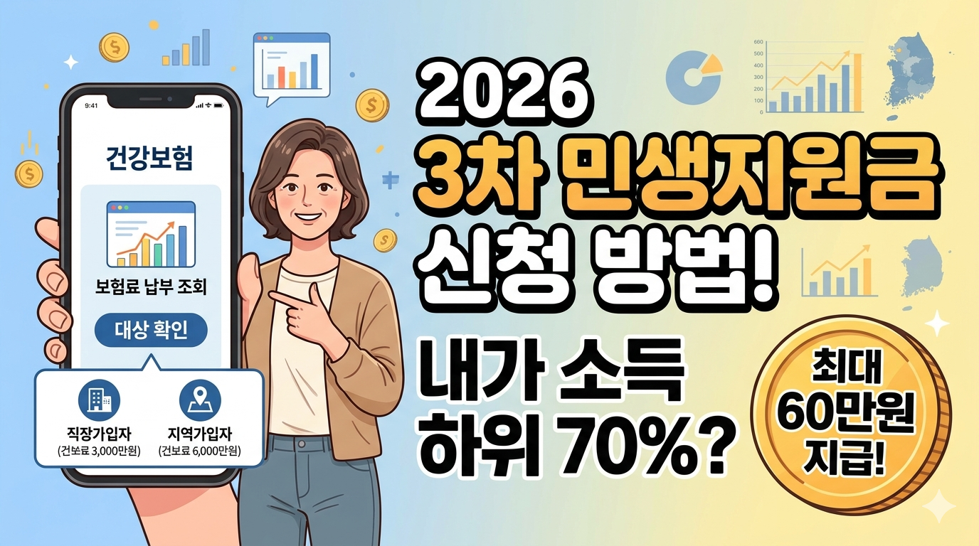 2026년 3차 민생지원금 신청 방법 안내와 소득 하위 70% 대상 여부를 확인하기 위해 스마트폰으로 건강보험료 납부 내역을 조회하는 모습과 최대 60만원 지급 문구가 포함된 정보 공유형 썸네일 일러스트