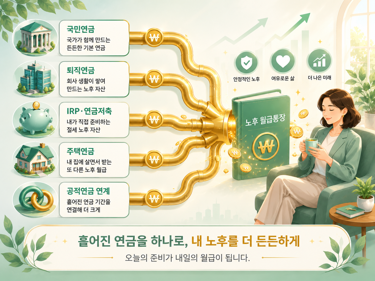 국민연금 퇴직연금 IRP 주택연금 공적연금 연계 다섯 개 연금 현금흐름 인포그래픽