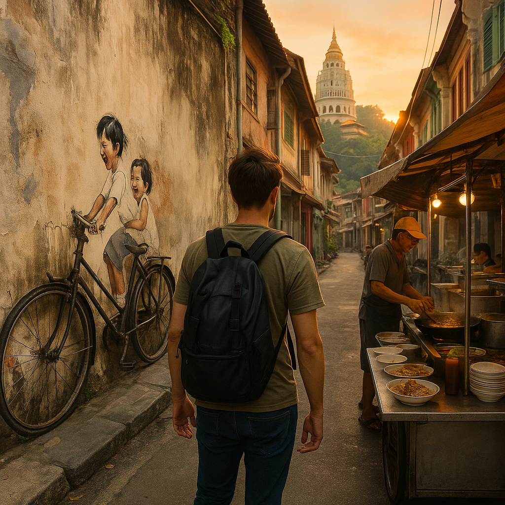 해가 저물어가는 골목길을 걸으며 자전거를 탄 아이들 벽화 앞에서 차퀘이티아오를 조리하는 노점상을 바라보는 여행자의 모습