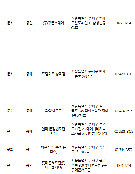 송파구 문화누리카드 사용처