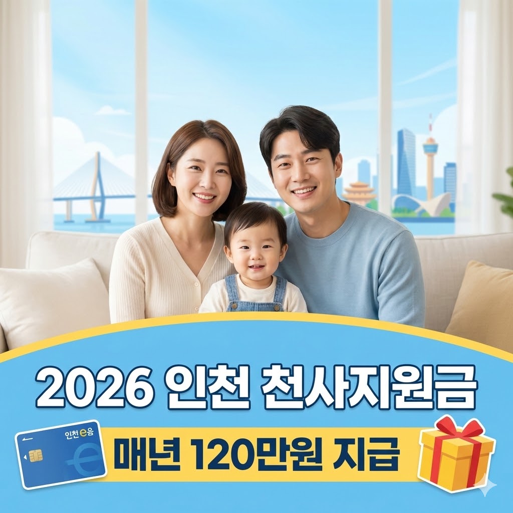 2026년 인천광역시 천사지원금 지원 안내. 1세~7세 아동에게 매년 120만원 지급, 정부24 온라인 신청 방법 및 인천e음 포인트 지급 요약 이미지
