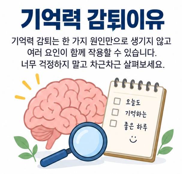 뇌와 메모장 돋보기 아이콘을 배경으로 기억력 감퇴이유라는 글자가 중앙에 놓인 교육용 건강 인포그래픽