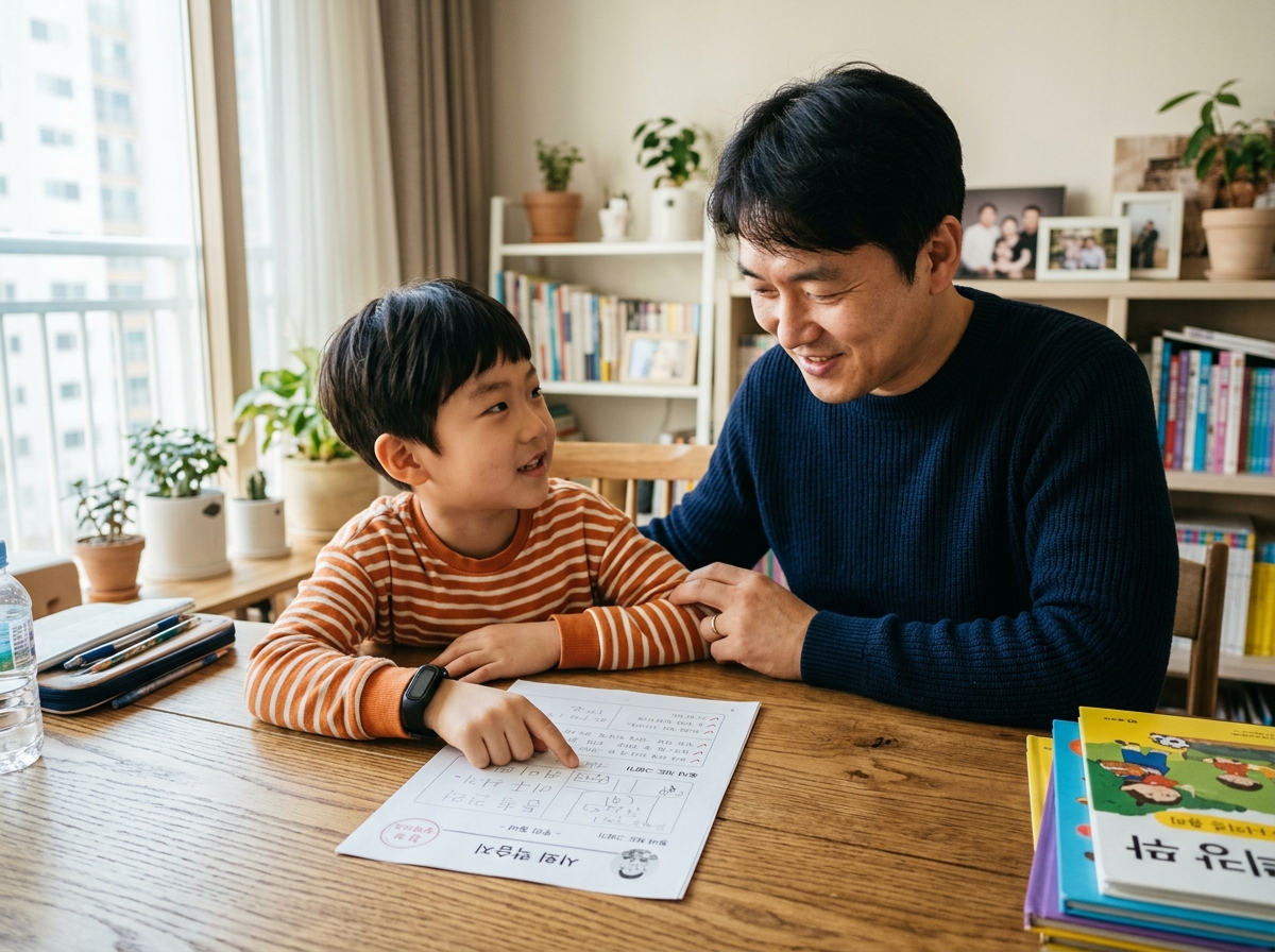 학부모와 초등학생이 사회 학습 점검표를 확인하며 대화하는 모습