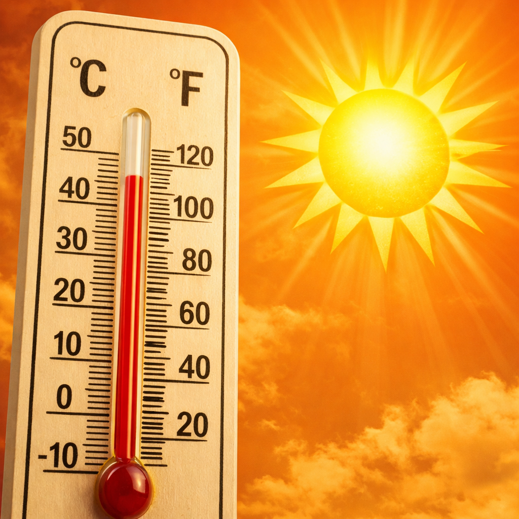 폭염을 상징하는 온도계와 태양 그림-경기도 기후보험 자동가입 혜택 관련 이미지