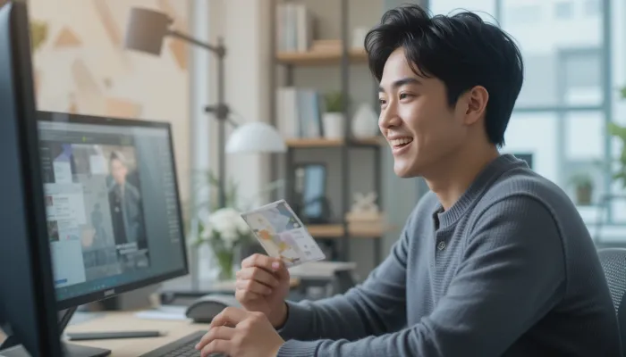 컴퓨터 화면으로 결제를 마치며 안도하는 남성