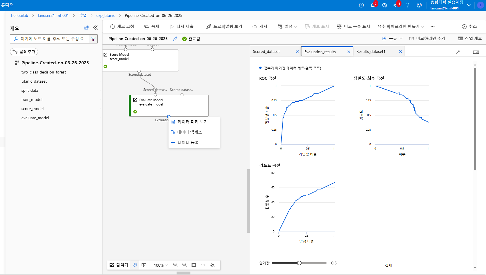 의사결정 포레스트 모델의 성능을 시각화한 Azure ML ROC&middot;리프트&middot;정밀도-재현율 결과