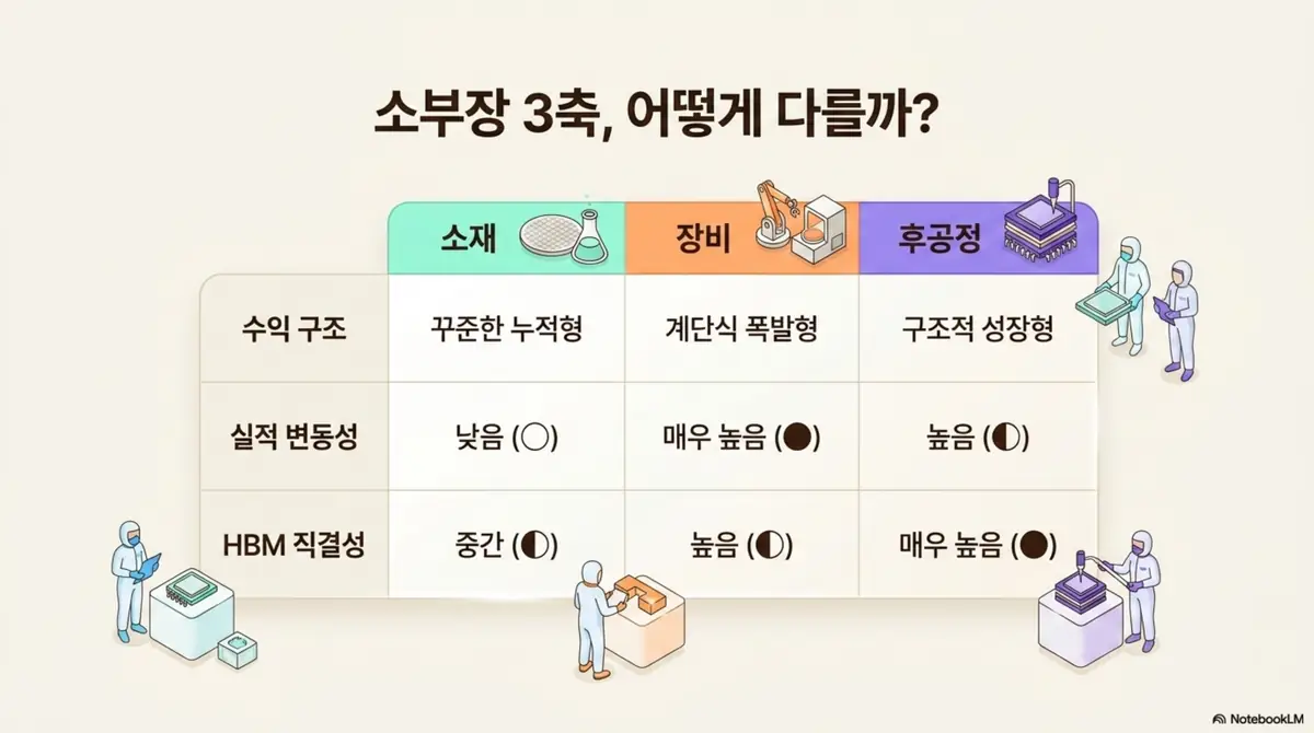 반도체 소부장 대장주: &amp;#39;소부장 3축&amp;#44; 어떻게 다를까&amp;#39;를 정리한 비교표 이미지. 소재&middot;장비&middot;후공정을 수익 구조(누적형&middot;폭발형&middot;성장형)&amp;#44; 실적 변동성&amp;#44; HBM 직결성 기준으로 비교하여&amp;#44; 반도체 소부장 관련주를 성향별로 고를 때 참고할 차이를 한눈에 전달함.