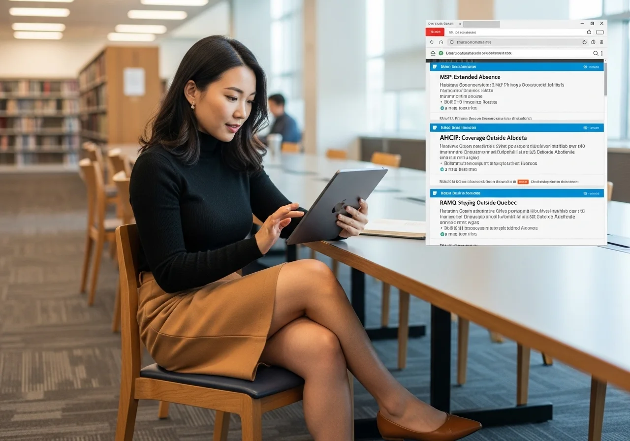 모던한 도서관에서 세련된 복장의 젊은 한국인 여성이 태블릿으로 'Health Insurance: Out-of-Province Coverage'에 대한 여러 주의 규정을 비교 분석하고 있다