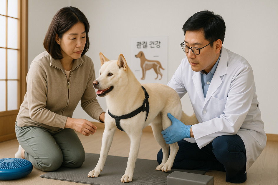 반려견 관절 건강 지키려고 검사 받는 주인과 강아지