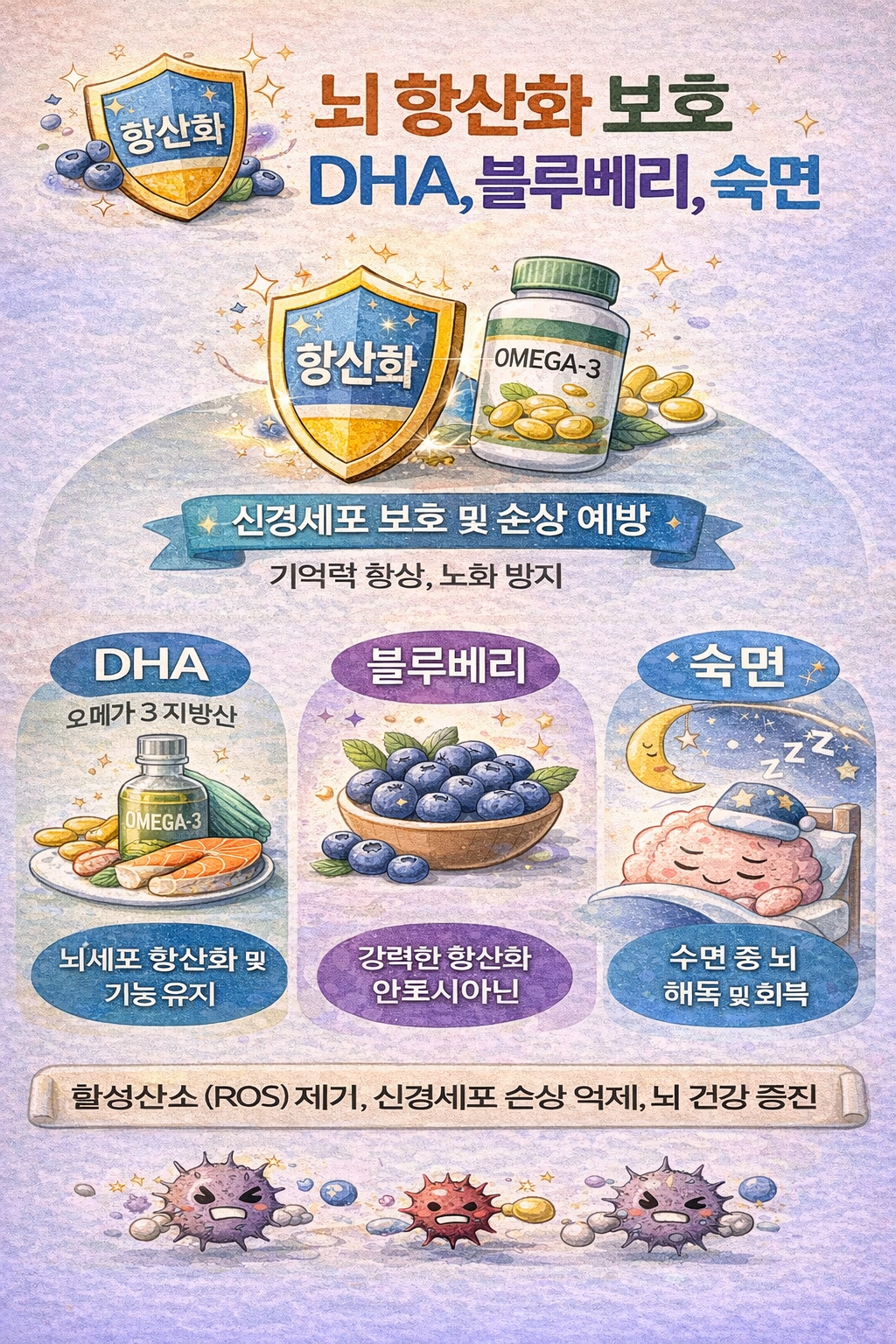 뇌 항산화 보호 전략 — DHA 블루베리 수면 운동 뇌 산화 스트레스 알츠하이머 예방
