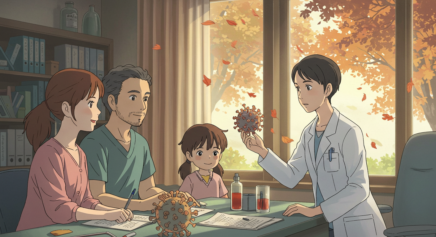 의사가 가족에게 독감 바이러스 설명하는 장면