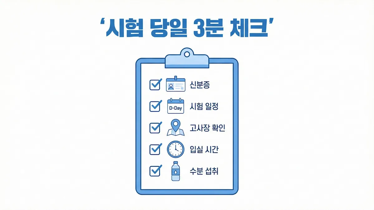 신분증·접수정보·출발시간·시험장 위치·컨디션을 확인하는 시험 당일 3분 체크리스트 이미지