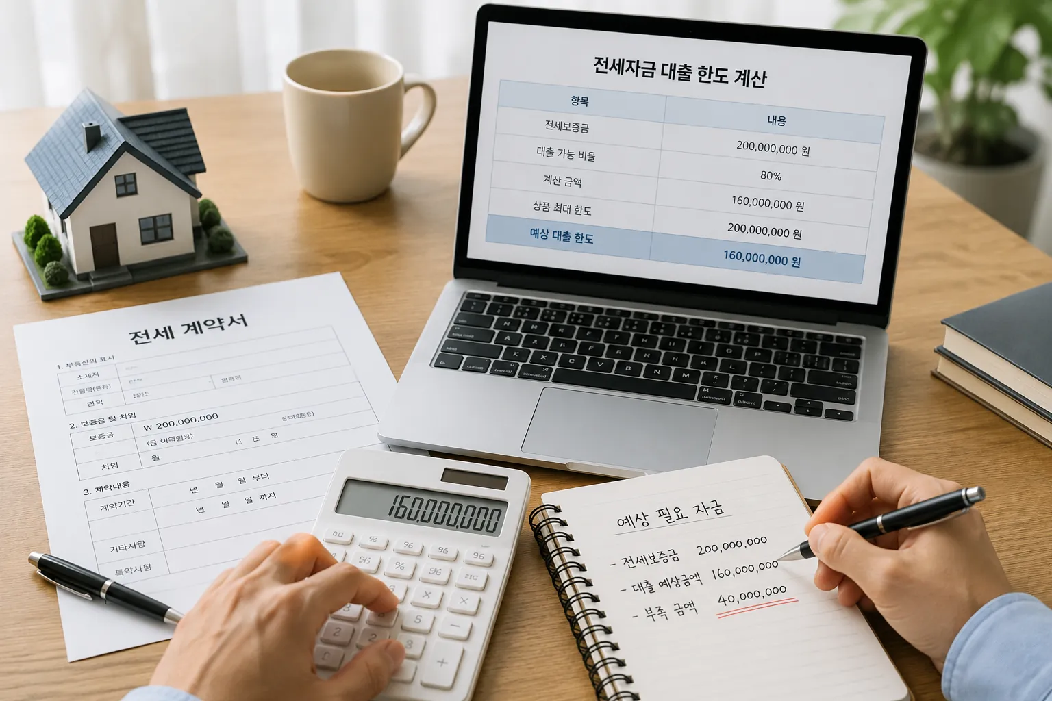 전세계약서와 계산기 노트북으로 청년 버팀목 전세대출 한도를 계산하는 모습