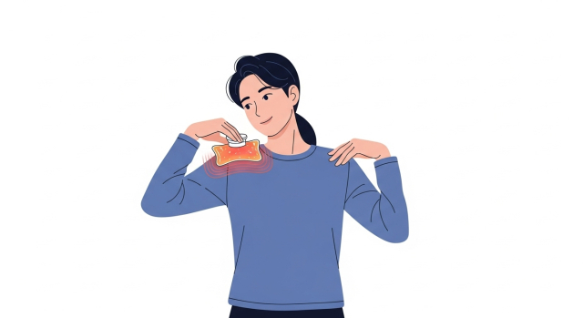 어깨 스트레칭과 찜질로 통증 완화 그림