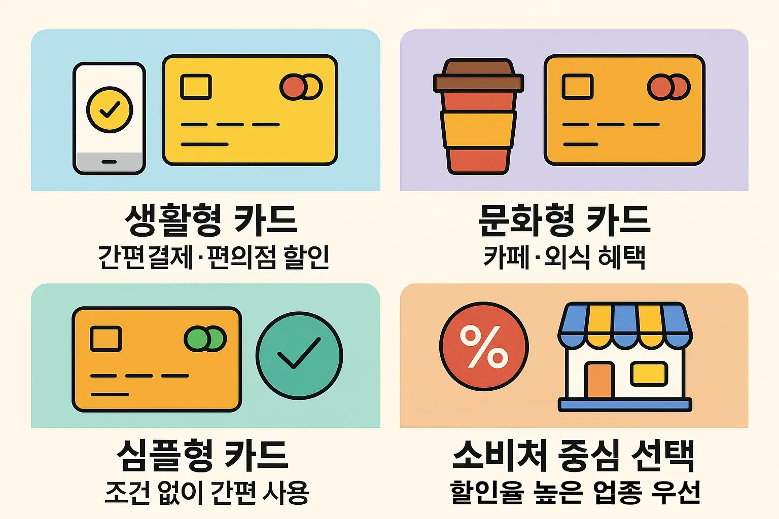 KB국민카드의 생활형, 문화형, 심플형, 소비자 중심형 카드를 간편결제&middot;편의점&middot;카페&middot;외식&middot;쇼핑 등 주요 업종별 혜택 기준으로 비교한 인포그래픽. 2025년 KB 신용카드 유형별 장단점을 시각화한 이미지.