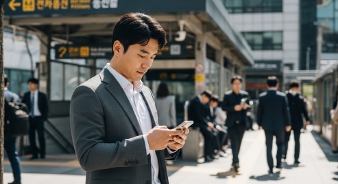출근길에 스마트폰을 보는 직장인
