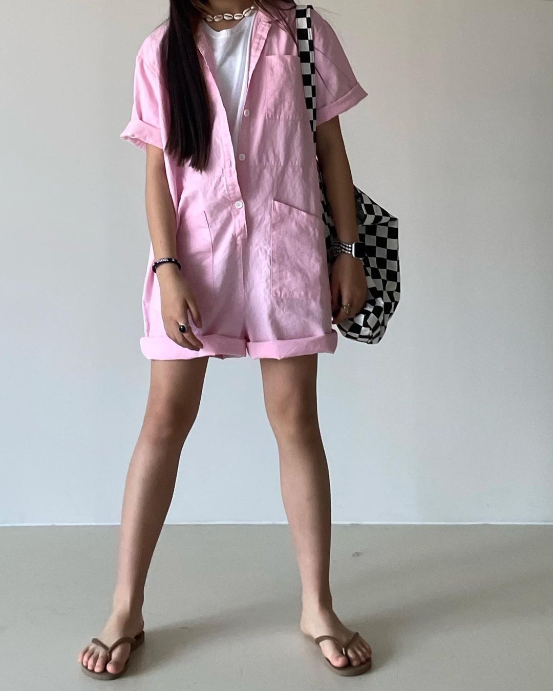 보니따스 코린 린넨 반바지 점프 슈트/ 핑크 네이비/ 반팔 여름 점프 수트