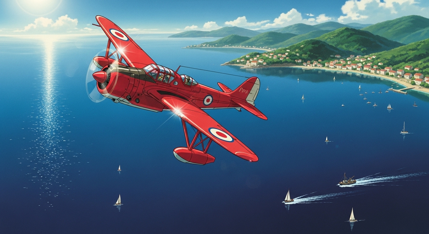 붉은 비행선이 아드리아 해 위를 비행하며 자유를 만끽하는 붉은 돼지의 한 장면.