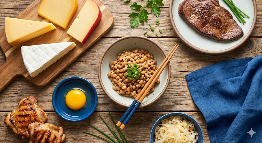 비타민 K2가 풍부한 낫또, 다양한 치즈, 유기농 달걀 노른자, 목초 먹인 소 간, 닭고기, 사우어크라우트가 놓인 건강한 식단