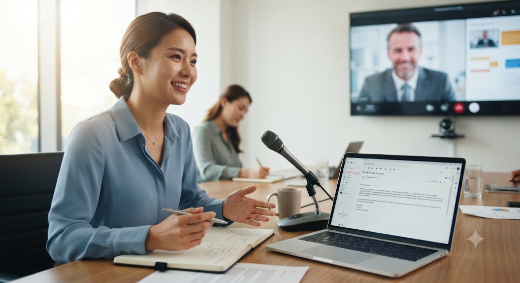 A Korean businesswoman smiling and gesturing while conducting an online negotiation with an overseas partner displayed on a large screen in a conference room.