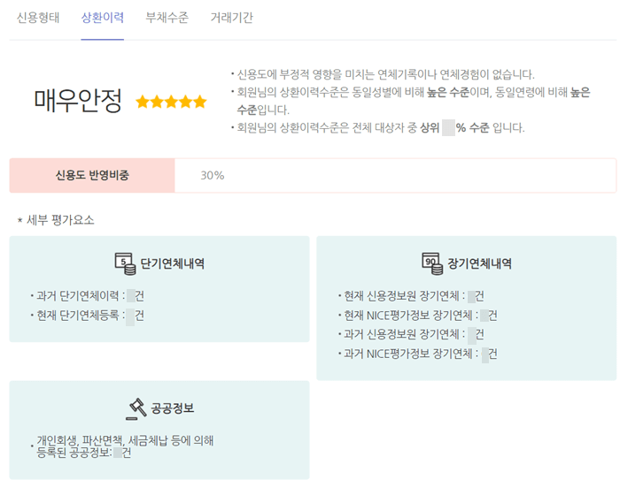 주요 평가요소 4가지 중 상환이력에 대한 신용평가 결과 정보