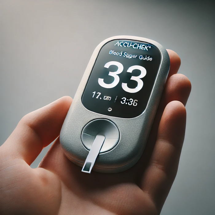 아큐-첵 가이드 디지털 화면에 표시된 혈당 수치 클로즈업.