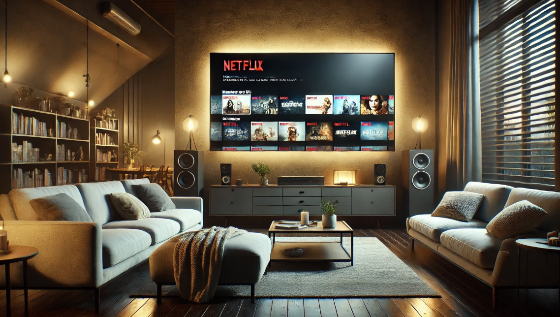현대적인 거실에서 저녁에 TV를 통해 넷플릭스 홈 화면을 보여주는 모습