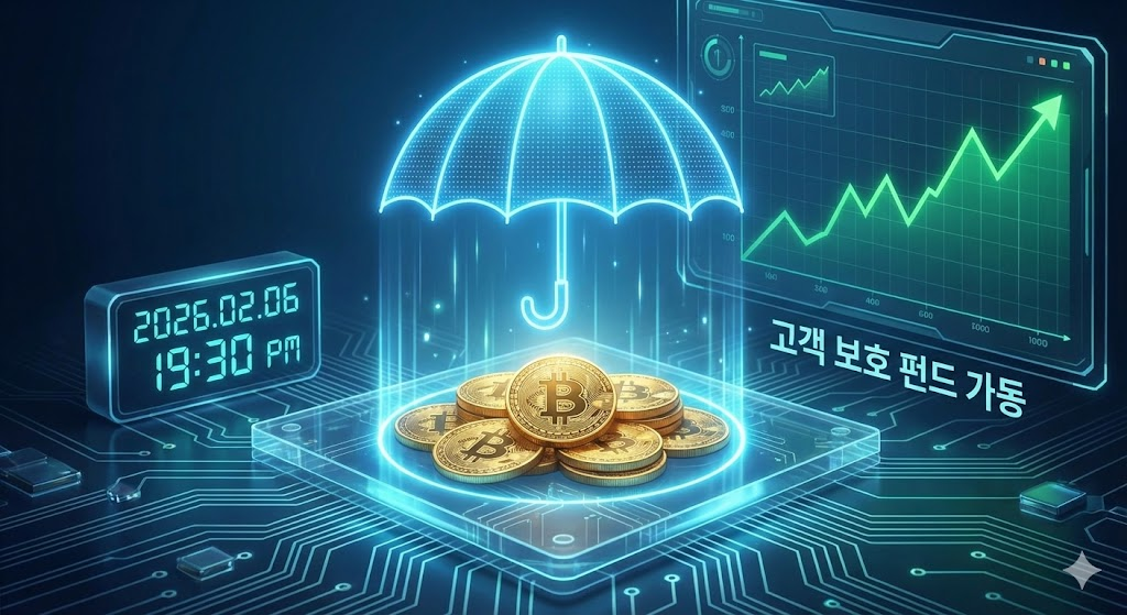 빗썸의 '고객 보호 펀드'를 상징하는 푸른빛 디지털 우산이 비트코인을 안전하게 보호하고 있는 모습을 표현