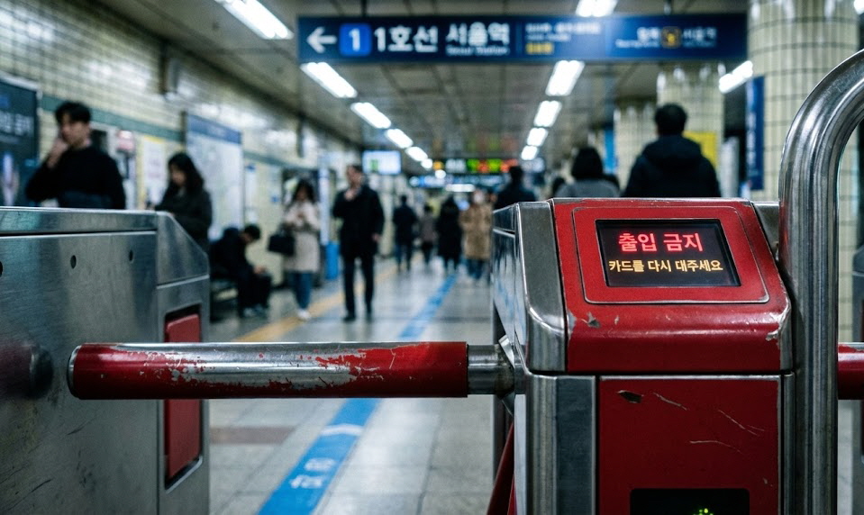 지하철 개찰구의 '출입 금지' 표시와 닫혀 있는 게이트의 모습.