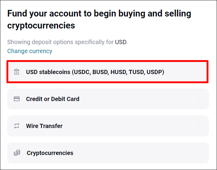 입금에서 USD Stablecoins 행을 선택