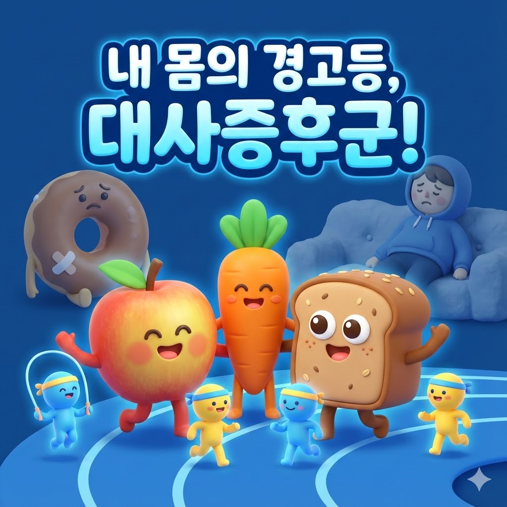 활기찬 3D 카툰 일러스트. 건강한 채소와 운동하는 귀여운 캐릭터들이 밝게 웃고 있으며, 뒤편에는 슬퍼 보이는 도넛과 소파에 누워있는 캐릭터가 대비되어 보인다. '내 몸의 경고등, 대사증후군!'이라는 강력한 한글 문구가 쓰여 있다.