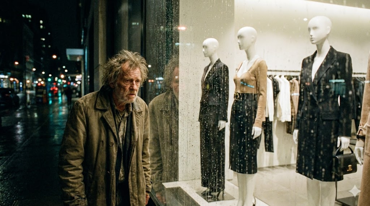 밤거리의 상점 쇼윈도 유리창. 그 유리에 비친 초라하고 헝클어진 노신사의 모습