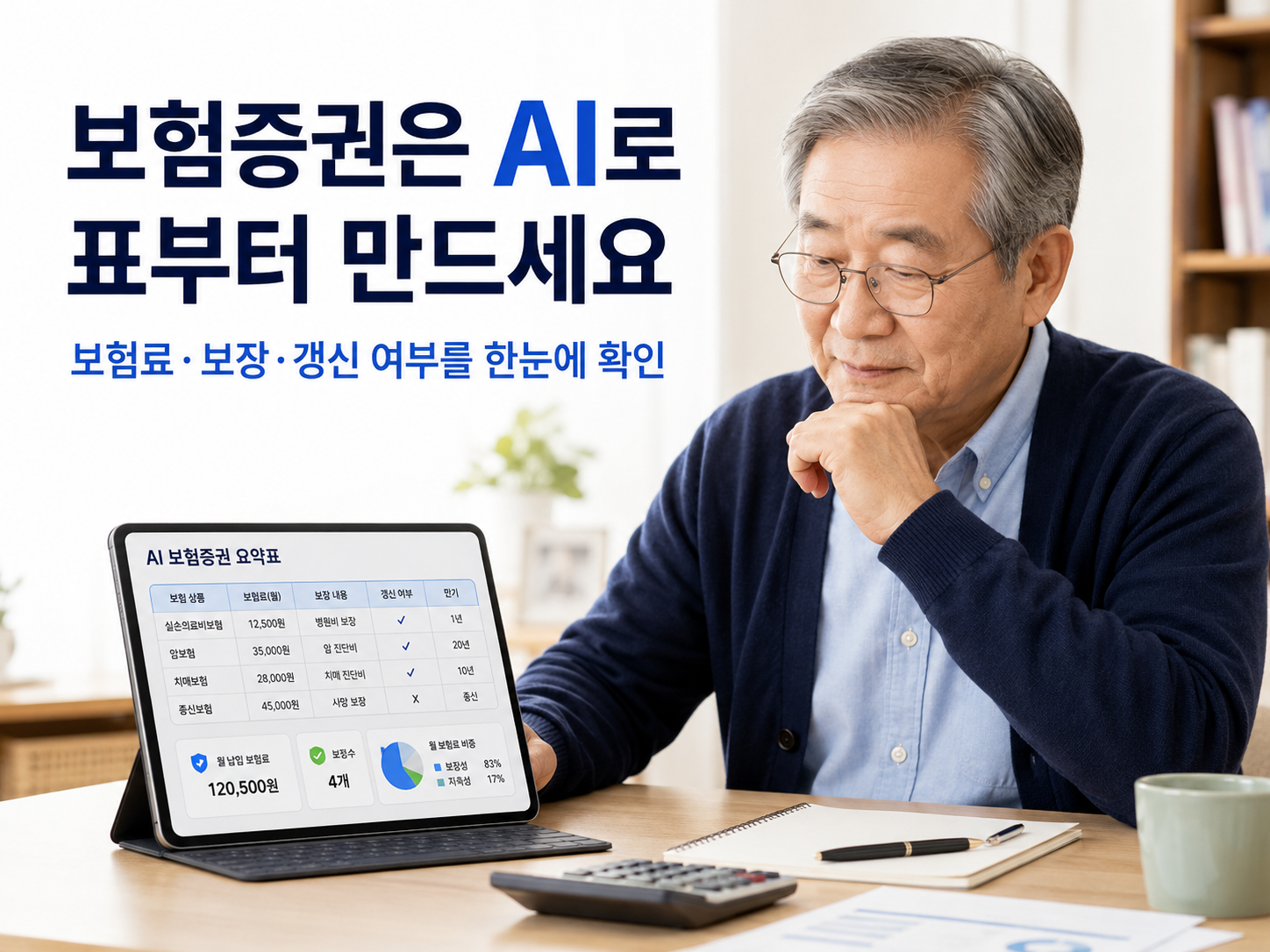 60대 한국인 남성이 개인정보를 삭제한 보험증권 내용을 AI 정리표에 입력하고 월 보험료, 주요 보장과 갱신 여부를 확인하는 실사형 이미지