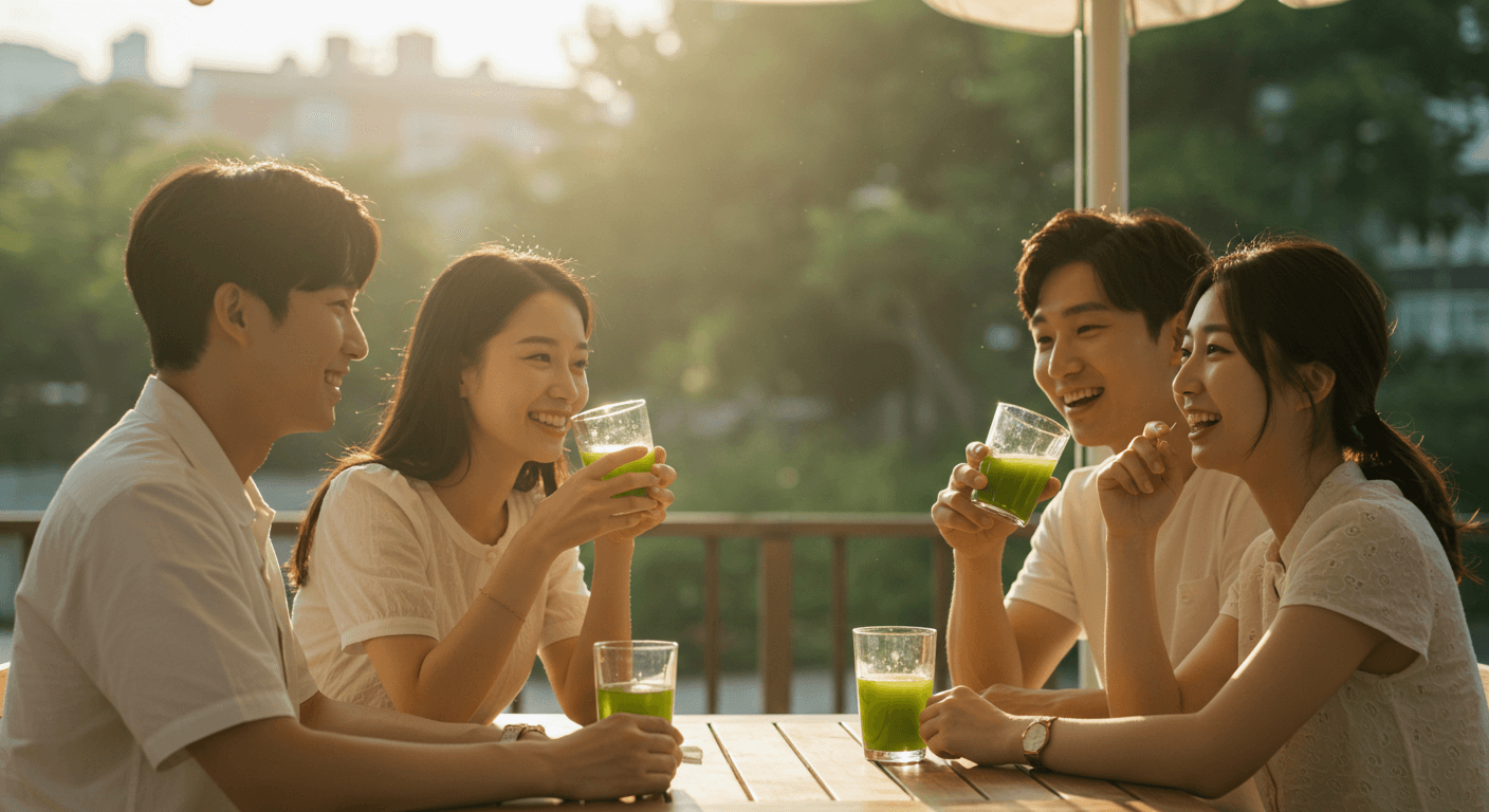 햇살 가득한 야외 카페에서 20~30대 한국인 남녀가 신선한 녹즙을 마시며 웃고 있는 모습, 건강한 라이프스타일을 즐기는 장면